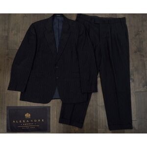 Alexandre London Savile Row Mens Pinstripe Wool 48L Suit Navy Blue Suit 40X32
